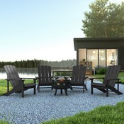 5 Piece Charlestown Slate Gray Poly Resin Wood Adirondack Chair Set with Fire Pit - Star and Moon Fire Pit with Mesh Cover, JJ-C145014-32D-SLT-GG