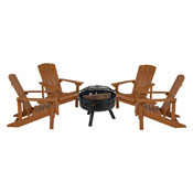 5 Piece Charlestown Teak Poly Resin Wood Adirondack Chair Set with Fire Pit - Star and Moon Fire Pit with Mesh Cover, JJ-C145014-32D-TEAK-GG