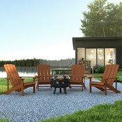 5 Piece Charlestown Teak Poly Resin Wood Adirondack Chair Set with Fire Pit - Star and Moon Fire Pit with Mesh Cover, JJ-C145014-32D-TEAK-GG