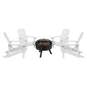 5 Piece Charlestown White Poly Resin Wood Adirondack Chair Set with Fire Pit - Star and Moon Fire Pit with Mesh Cover, JJ-C145014-32D-WH-GG