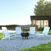 5 Piece Charlestown White Poly Resin Wood Adirondack Chair Set with Fire Pit - Star and Moon Fire Pit with Mesh Cover, JJ-C145014-32D-WH-GG