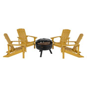 5 Piece Charlestown Yellow Poly Resin Wood Adirondack Chair Set with Fire Pit - Star and Moon Fire Pit with Mesh Cover, JJ-C145014-32D-YLW-GG