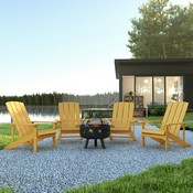 5 Piece Charlestown Yellow Poly Resin Wood Adirondack Chair Set with Fire Pit - Star and Moon Fire Pit with Mesh Cover, JJ-C145014-32D-YLW-GG