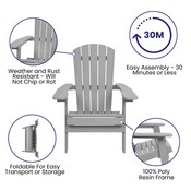 2 Pack Charlestown All-Weather Poly Resin Folding Adirondack Chairs with Side Table in Gray, JJ-C14505-2-T14001-GY-GG