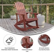 Savannah Poly Resin Wood Adirondack Rocking Chair - All Weather Red Polystyrene - Stainless Steel Hardware, JJ-C14705-RED-GG