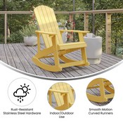 Savannah Poly Resin Wood Adirondack Rocking Chair - All Weather Yellow Polystyrene - Stainless Steel Hardware, JJ-C14705-YLW-GG