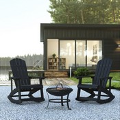 Savannah Set of 2 Black All-Weather Poly Resin Wood Adirondack Rocking Chairs with 22" Round Wood Burning Fire Pit, JJ-C147052-202-BK-GG