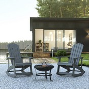Savannah Set of 2 Gray All-Weather Poly Resin Wood Adirondack Rocking Chairs with 22" Round Wood Burning Fire Pit, JJ-C147052-202-GY-GG