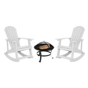 Savannah Set of 2 White All-Weather Poly Resin Wood Adirondack Rocking Chairs with 22" Round Wood Burning Fire Pit, JJ-C147052-202-WH-GG