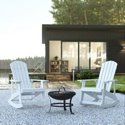 Savannah Set of 2 White All-Weather Poly Resin Wood Adirondack Rocking Chairs with 22" Round Wood Burning Fire Pit, JJ-C147052-202-WH-GG