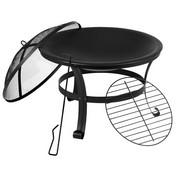 Savannah Set of 4 Black All-Weather Poly Resin Wood Adirondack Rocking Chairs with 22" Round Wood Burning Fire Pit, JJ-C147054-202-BK-GG