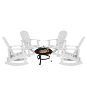 Savannah Set of 4 White All-Weather Poly Resin Wood Adirondack Rocking Chairs with 22" Round Wood Burning Fire Pit, JJ-C147054-202-WH-GG