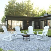 Savannah Set of 4 White All-Weather Poly Resin Wood Adirondack Rocking Chairs with 22" Round Wood Burning Fire Pit, JJ-C147054-202-WH-GG