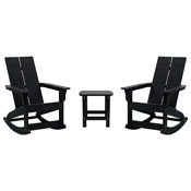 Set of 2 Black Finn Modern All-Weather 2-Slat Poly Resin Rocking Adirondack Chairs with Matching Side Table, JJ-C14709-2-T14001-BK-GG
