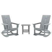 Set of 2 Gray Finn Modern All-Weather 2-Slat Poly Resin Rocking Adirondack Chairs with Matching Side Table, JJ-C14709-2-T14001-GY-GG