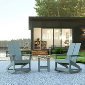 Set of 2 Gray Finn Modern All-Weather 2-Slat Poly Resin Rocking Adirondack Chairs with Matching Side Table, JJ-C14709-2-T14001-GY-GG