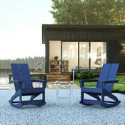 Set of 2 Navy Finn Modern All-Weather 2-Slat Poly Resin Rocking Adirondack Chairs with Complementary White Side Table, JJ-C14709-2-T14001-NW-GG