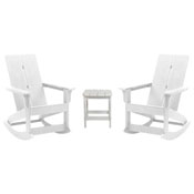 Set of 2 White Finn Modern All-Weather 2-Slat Poly Resin Rocking Adirondack Chairs with Matching Side Table, JJ-C14709-2-T14001-WH-GG