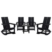 Set of 4 Black Finn Modern All-Weather 2-Slat Poly Resin Rocking Adirondack Chairs with Matching Side Table, JJ-C14709-4-T14001-BK-GG