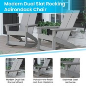 Finn Modern All-Weather 2-Slat Poly Resin Wood Rocking Adirondack Chair with Rust Resistant Stainless Steel Hardware in Gray, JJ-C14709-GY-GG