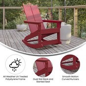 Finn Modern Commercial Poly Resin Wood Adirondack Rocking Chair - All Weather Red Polystyrene - Dual Slat Back - Stainless Steel Hardware - Set of 2, JJ-C14709-RED-2-GG