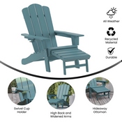 Newport HDPE Adirondack Chair with Cup Holder and Pull Out Ottoman, All-Weather HDPE Indoor/Outdoor Lounge Chair in Blue, LE-HMP-1044-110-BL-GG