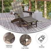 Newport HDPE Adirondack Chair with Cup Holder and Pull Out Ottoman, All-Weather HDPE Indoor/Outdoor Lounge Chair in Brown, LE-HMP-1044-110-BR-GG