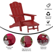 Newport HDPE Adirondack Chair with Cup Holder and Pull Out Ottoman, All-Weather HDPE Indoor/Outdoor Lounge Chair in Red, LE-HMP-1044-110-RD-GG