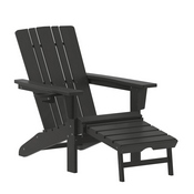 Halifax HDPE Adirondack Chair with Cup Holder and Pull Out Ottoman, All-Weather HDPE Indoor/Outdoor Lounge Chair in Black, LE-HMP-1045-110-BK-GG