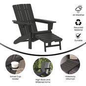 Halifax HDPE Adirondack Chair with Cup Holder and Pull Out Ottoman, All-Weather HDPE Indoor/Outdoor Lounge Chair in Black, LE-HMP-1045-110-BK-GG