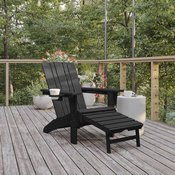 Halifax HDPE Adirondack Chair with Cup Holder and Pull Out Ottoman, All-Weather HDPE Indoor/Outdoor Lounge Chair in Black, LE-HMP-1045-110-BK-GG