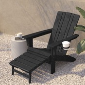 Halifax HDPE Adirondack Chair with Cup Holder and Pull Out Ottoman, All-Weather HDPE Indoor/Outdoor Lounge Chair in Black, LE-HMP-1045-110-BK-GG