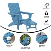 Halifax HDPE Adirondack Chair with Cup Holder and Pull Out Ottoman, All-Weather HDPE Indoor/Outdoor Lounge Chair in Blue, LE-HMP-1045-110-BL-GG
