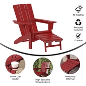 Halifax HDPE Adirondack Chair with Cup Holder and Pull Out Ottoman, All-Weather HDPE Indoor/Outdoor Lounge Chair in Red, LE-HMP-1045-110-RD-GG