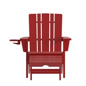 Halifax HDPE Adirondack Chair with Cup Holder and Pull Out Ottoman, All-Weather HDPE Indoor/Outdoor Lounge Chair in Red, LE-HMP-1045-110-RD-GG