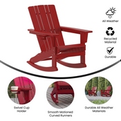 Halifax Adirondack Rocking Chair with Cup Holder, Weather Resistant HDPE Adirondack Rocking Chair in Red, LE-HMP-1045-31-RD-GG