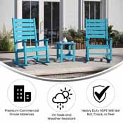Manchester Commercial Grade 3-Piece Indoor/Outdoor Set with 2 Contemporary All-Weather HDPE Rocking Chairs and End Table in Blue, LE-HMP-2002-2-T1517H-BL-GG