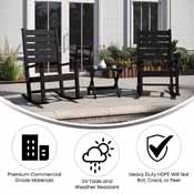 Manchester Commercial Grade 3-Piece Indoor/Outdoor Set with 2 Contemporary All-Weather HDPE Rocking Chairs and End Table in Black, LE-HMP-2002-2-T1620H-BK-GG
