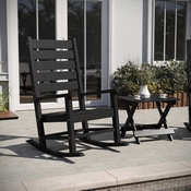 Manchester Commercial Grade 3-Piece Indoor/Outdoor Set with 2 Contemporary All-Weather HDPE Rocking Chairs and End Table in Black, LE-HMP-2002-2-T1620H-BK-GG