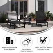 Monterey Commercial Grade 3-Piece Indoor/Outdoor Adirondack Set with 2 Adjustable HDPE Loungers with Cup Holders and Folding Side Table in Black, LE-HMP-2017-2-T1620H-BK-GG
