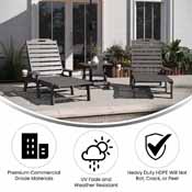 Monterey Commercial Grade 3-Piece Indoor/Outdoor Adirondack Set with 2 Adjustable HDPE Loungers with Cup Holders and Folding Side Table in Gray, LE-HMP-2017-2-T1620H-GY-GG