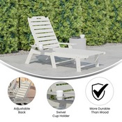 Monterey Adjustable Adirondack Lounger with Cup Holder- All-Weather Indoor/Outdoor HDPE Lounge Chair in White, LE-HMP-2017-414-WT-GG