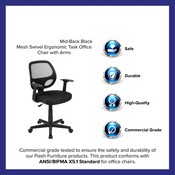 Flash Fundamentals Mid-Back Black Mesh Swivel Ergonomic Task Office Chair with Arms, BIFMA Certified, LF-118P-T-BK-GG