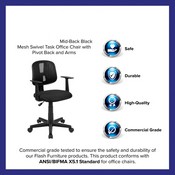 Flash Fundamentals Mid-Back Black Mesh Swivel Task Office Chair with Pivot Back and Arms, BIFMA Certified, LF-134-A-BK-GG