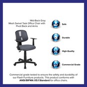Flash Fundamentals Mid-Back Gray Mesh Swivel Task Office Chair with Pivot Back and Arms, BIFMA Certified, LF-134-A-GY-GG