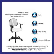 Flash Fundamentals Mid-Back White Mesh Swivel Task Office Chair with Pivot Back and Arms, BIFMA Certified, LF-134-A-WH-GG