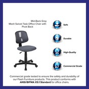 Flash Fundamentals Mid-Back Gray Mesh Swivel Task Office Chair with Pivot Back, BIFMA Certified, LF-134-GY-GG