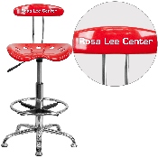 Personalized Vibrant Red and Chrome Drafting Stool with Tractor Seat, LF-215-RED-TXTEMB-VYL-GG
