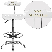 Personalized Vibrant White and Chrome Drafting Stool with Tractor Seat, LF-215-WHITE-TXTEMB-VYL-GG