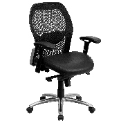 Mid-Back Black Super Mesh Executive Swivel Office Chair with LeatherSoft Seat, Knee Tilt Control and Adjustable Lumbar & Arms, LF-W42-L-GG